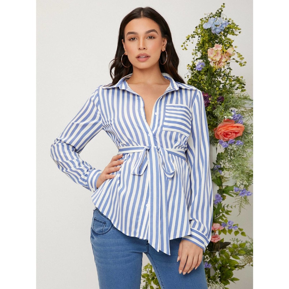 Maternity Striped Patched Pocket Belted Blouse